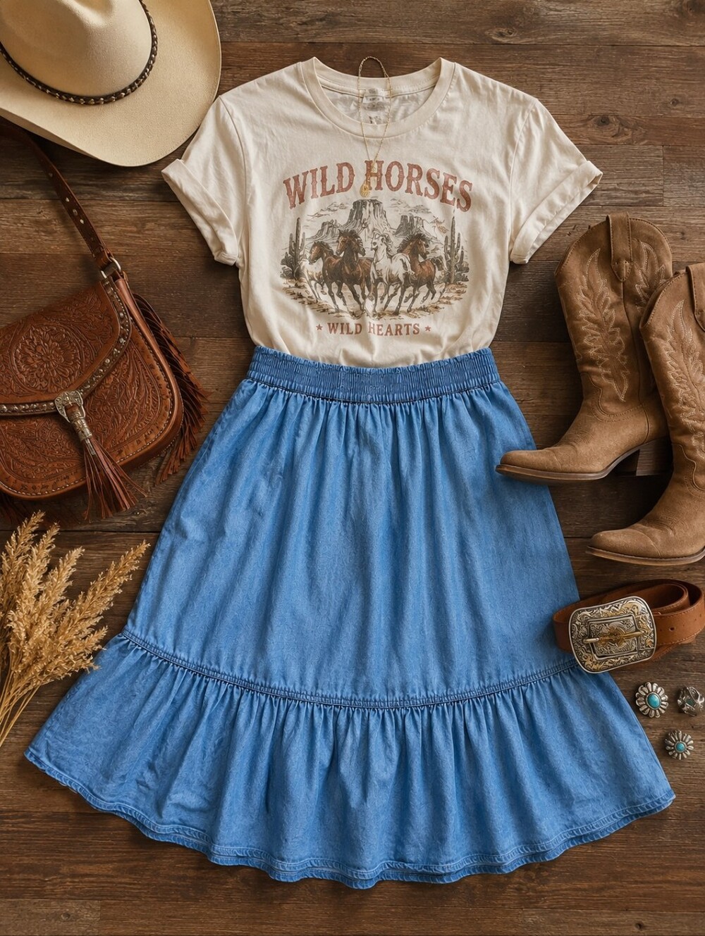 Chambray Midi Skirt Blue Tiered Ruffle Hem Western Boho Casual